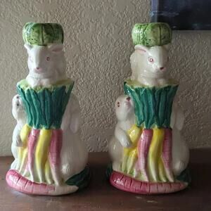 8.5" Bunny Rabbit Easter Porcelain Candlestick Holders~Hand Painted Set of Two